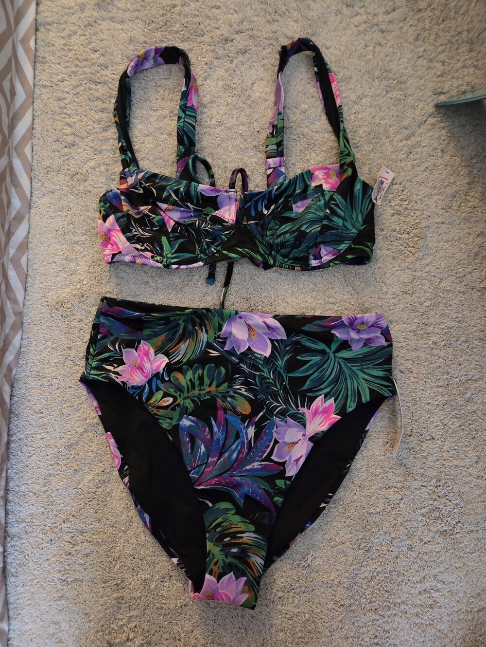 NWT Victoria's Secret SWIM Black Palm Bikini Set Balconet Top High Waist S 34C